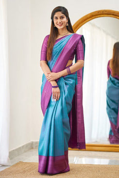 Admyrin Sky Blue Designer Heavy Banarasi Soft Silk Saree with Silk Blouse Piece
