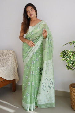 Admyrin Pista Green Cotton Traditional Function Wear Saree with Blouse Piece