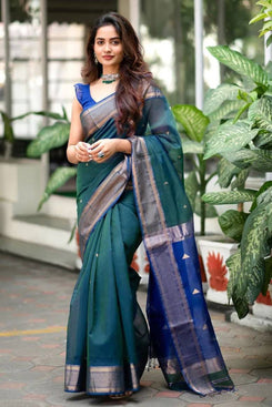 Admyrin Designer Teal Banarasi Art Silk Function Wear Saree with Blouse Piece