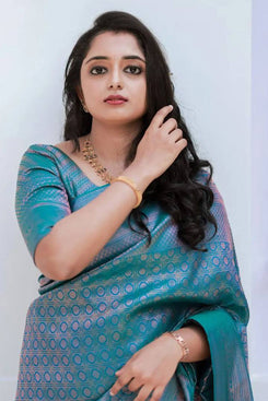 Admyrin Designer Rama Banarasi Art Silk Function Wear Saree with Blouse Piece
