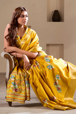 Admyrin Yellow Soft Dola Silk Printed Party Wear Saree with Blouse Piece