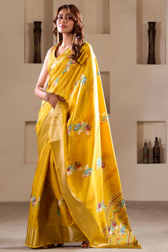 Admyrin Yellow Soft Dola Silk Printed Party Wear Saree with Blouse Piece