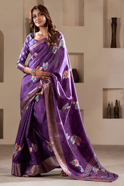 Admyrin Purple Soft Dola Silk Printed Party Wear Saree with Blouse Piece