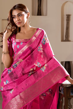 Admyrin Rani Pink Soft Dola Silk Printed Party Wear Saree with Blouse Piece