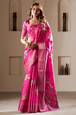 Admyrin Rani Pink Soft Dola Silk Printed Party Wear Saree with Blouse Piece