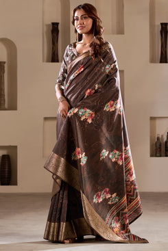 Admyrin Coffee Soft Dola Silk Printed Party Wear Saree with Blouse Piece