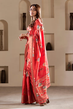 Admyrin Red Soft Dola Silk Printed Party Wear Saree with Blouse Piece