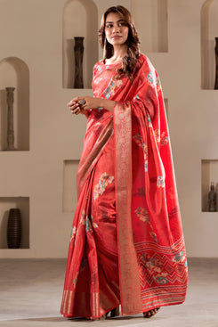 Admyrin Red Soft Dola Silk Printed Party Wear Saree with Blouse Piece