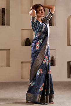 Admyrin Navy Blue Soft Dola Silk Printed Party Wear Saree with Blouse Piece