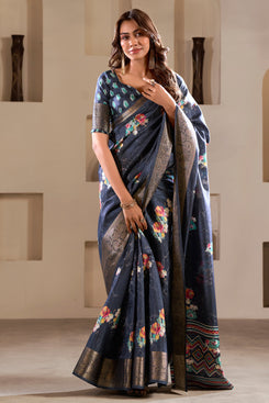 Admyrin Navy Blue Soft Dola Silk Printed Party Wear Saree with Blouse Piece