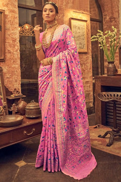 Admyrin Pink Banarasi Soft Silk Thread Zari Woven Festival Wear Saree with Blouse Piece