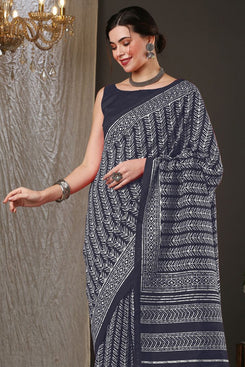 Admyrin Grey Bhagalpuri Silk Digitally Printed Party Wear Saree with Blouse Piece