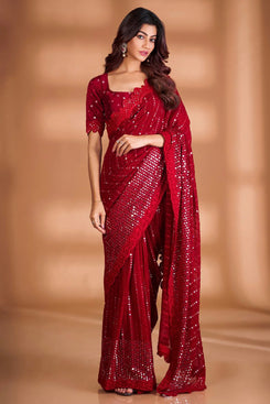 Admyrin Georgette Mirror Work Traditional Party Wear Saree with Blouse Piece