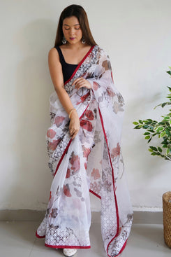Admyrin White Organza Embroidered Party Wear Saree with Blouse Piece
