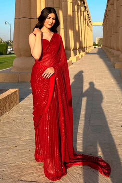 Admyrin Red Georgette Sequence Work Classy Party Wear Designer Saree