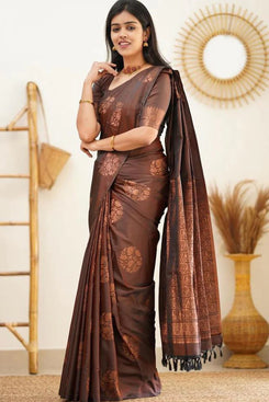 Admyrin Brown Art Silk Traditional Functions Wear Banarasi Saree with Blouse Piece