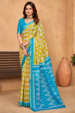 Admyrin Multi Colour Cotton Digitally Printed Functions Wear Saree with Blouse Piece