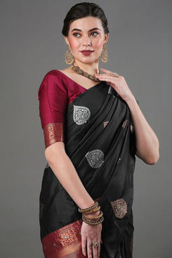Admyrin Black Banarasi Soft Silk Zari Woven Saree with Contrast Blouse Piece