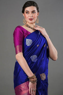Admyrin Royal Blue Banarasi Soft Silk Zari Woven Saree with Contrast Blouse Piece