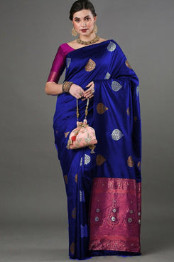 Admyrin Royal Blue Banarasi Soft Silk Zari Woven Saree with Contrast Blouse Piece