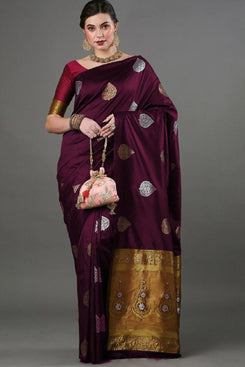 Admyrin Purple Banarasi Soft Silk Zari Woven Saree with Contrast Blouse Piece