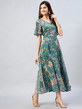 Admyrin Rama Green Georgette Classy Designer Printed Readymade Gown