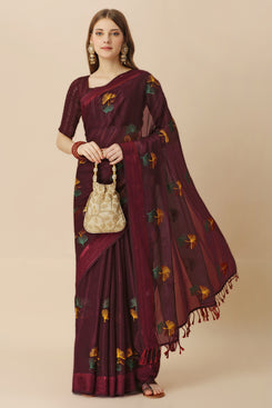 Admyrin Maroon Chiffon Embroidery Butta and Tassel Work Saree with Blouse Piece