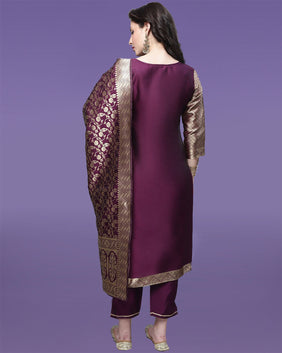 Admyrin Purple Silk Blend Woven Readymade Kurta With Pant and Dupatta Set