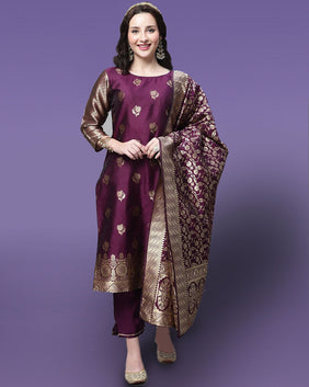 Admyrin Purple Silk Blend Woven Readymade Kurta With Pant and Dupatta Set