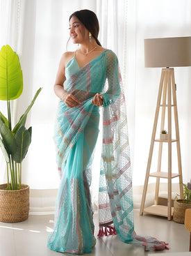 Admyrin Sky Blue Net Chikankari Embroidered Saree with Blouse Piece