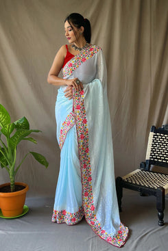 Admyrin Sky Blue Georgette Sequence Work Saree with Blouse Piece