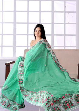 Admyrin Light Green Net Chikankari Embroidered Saree with Blouse Piece