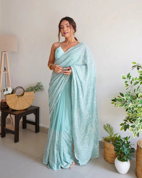 Admyrin Sky Blue Georgette Sequence Work Embroidered Saree with Blouse Piece