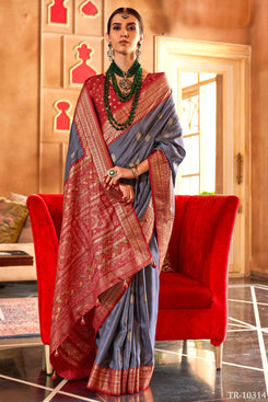 Admyrin Beautiful Silk Sambal Print Patola Saree with Blouse Piece