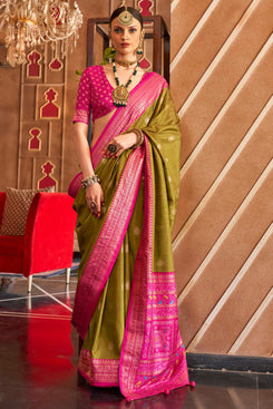 Admyrin Beautiful Silk Sambal Print Patola Saree with Blouse Piece