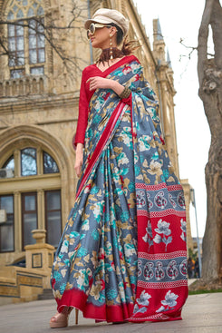 Admyrin Multi Colour Satin Crepe Printed Party Wear Saree with Blouse Piece