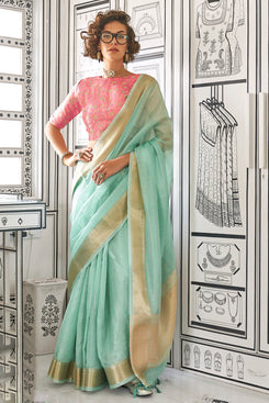 Admyrin Handwoven Moss Chiffon Saree with Heavy Jacquard Blouse Piece