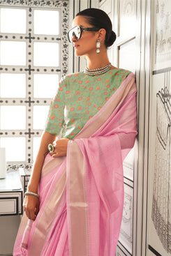 Admyrin Handwoven Moss Chiffon Saree with Heavy Jacquard Blouse Piece