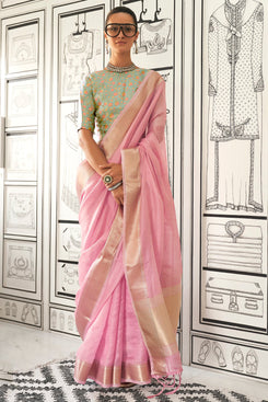 Admyrin Handwoven Moss Chiffon Saree with Heavy Jacquard Blouse Piece