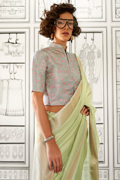 Admyrin Handwoven Moss Chiffon Saree with Heavy Jacquard Blouse Piece