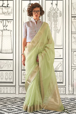 Admyrin Handwoven Moss Chiffon Saree with Heavy Jacquard Blouse Piece