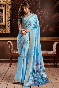 Admyrin Bright & Beautiful Handloom Silk Floral Digital Printed Party Wear Saree with Blouse Piece