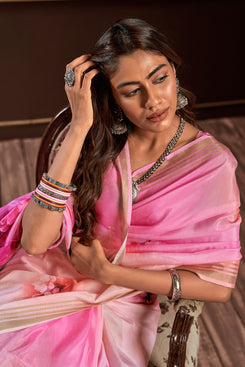 Admyrin Bright & Beautiful Handloom Silk Floral Digital Printed Party Wear Saree with Blouse Piece