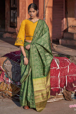 Admyrin Ikkat Jaipuri Printed Festival Wear Saree with Two Blouse Pieces