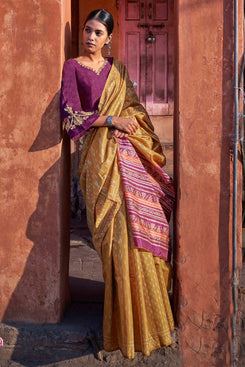 Admyrin Ikkat Jaipuri Printed Festival Wear Saree with Two Blouse Pieces