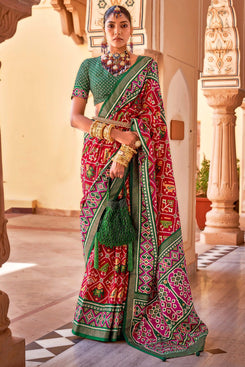 Admyrin Bright & Beautiful Aircel Silk Patola Saree with Golden Print Waist Band (Kandora) and Blouse Piece