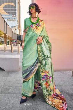 Admyrin Multi Colour Swiss Satin Digitally Printed Party Wear Saree with Blouse Piece