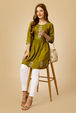 Admyrin Mehendi Green Embroidery and Sequence Work Western Wear Top