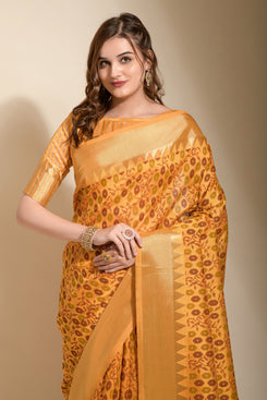 Admyrin Bright and Beautiful Mustard Assam Silk Party Wear Saree with Blouse Piece