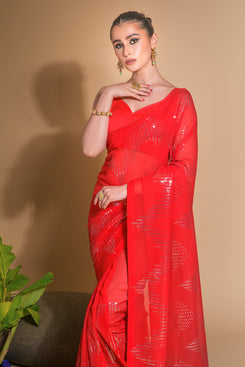 Admyrin Red Heavy Georgette Sequence Embroidery Work Party Wear Saree with Blouse Piece